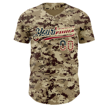 Custom Camo Vintage USA Flag Cream-Black Digital Camouflage Authentic Baseball Jersey