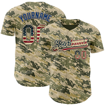Custom Camo Vintage USA Flag Cream Black-US Navy Blue Digital Camouflage Authentic Baseball Jersey