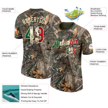 Custom Camo Vintage Mexican Flag Cream-Olive Woodland Camouflage Salute To Service Performance T-Shirt