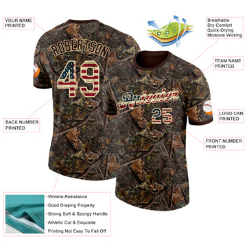 Custom Camo Vintage USA Flag Cream-Brown Woodland Camouflage Salute To Service Performance T-Shirt