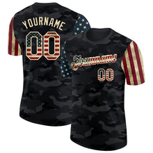 Load image into Gallery viewer, Custom Camo Vintage USA Flag Cream-Black Two Tone Stars and Stripes Salute To Service Performance T-Shirt
