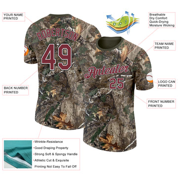 Custom Camo Burgundy White Black-Olive Woodland Camouflage Salute To Service Performance T-Shirt