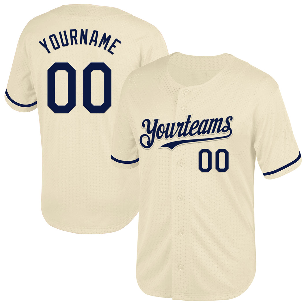 Custom Cream Navy Mesh Authentic Throwback Baseball Jersey