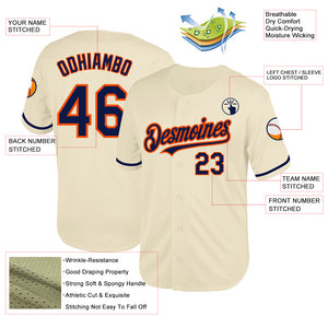 Custom Cream Navy-Orange Mesh Authentic Throwback Baseball Jersey