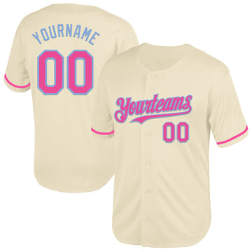 Custom Cream Pink-Light Blue Mesh Authentic Throwback Baseball Jersey