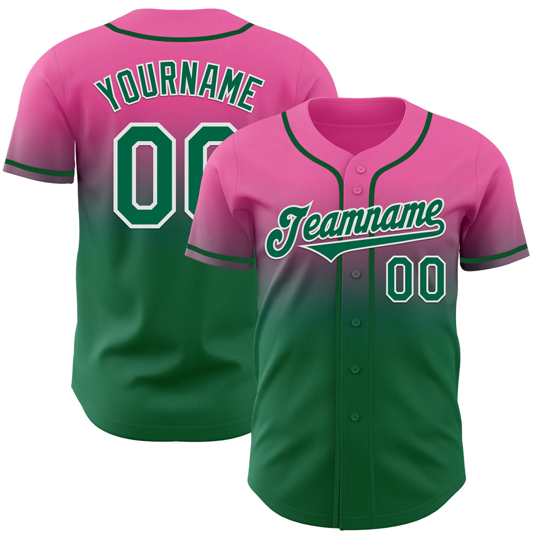Custom Pink Kelly Green-White Authentic Fade Fashion Baseball Jersey