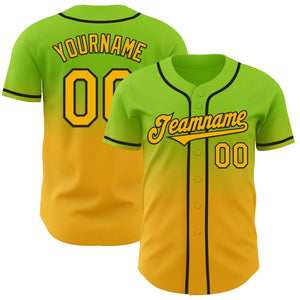 Custom Neon Green Gold-Black Authentic Fade Fashion Baseball Jersey