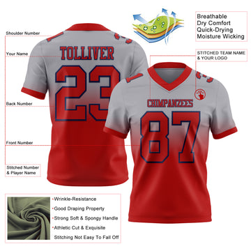 Custom Gray Red-Navy Mesh Authentic Fade Fashion Football Jersey