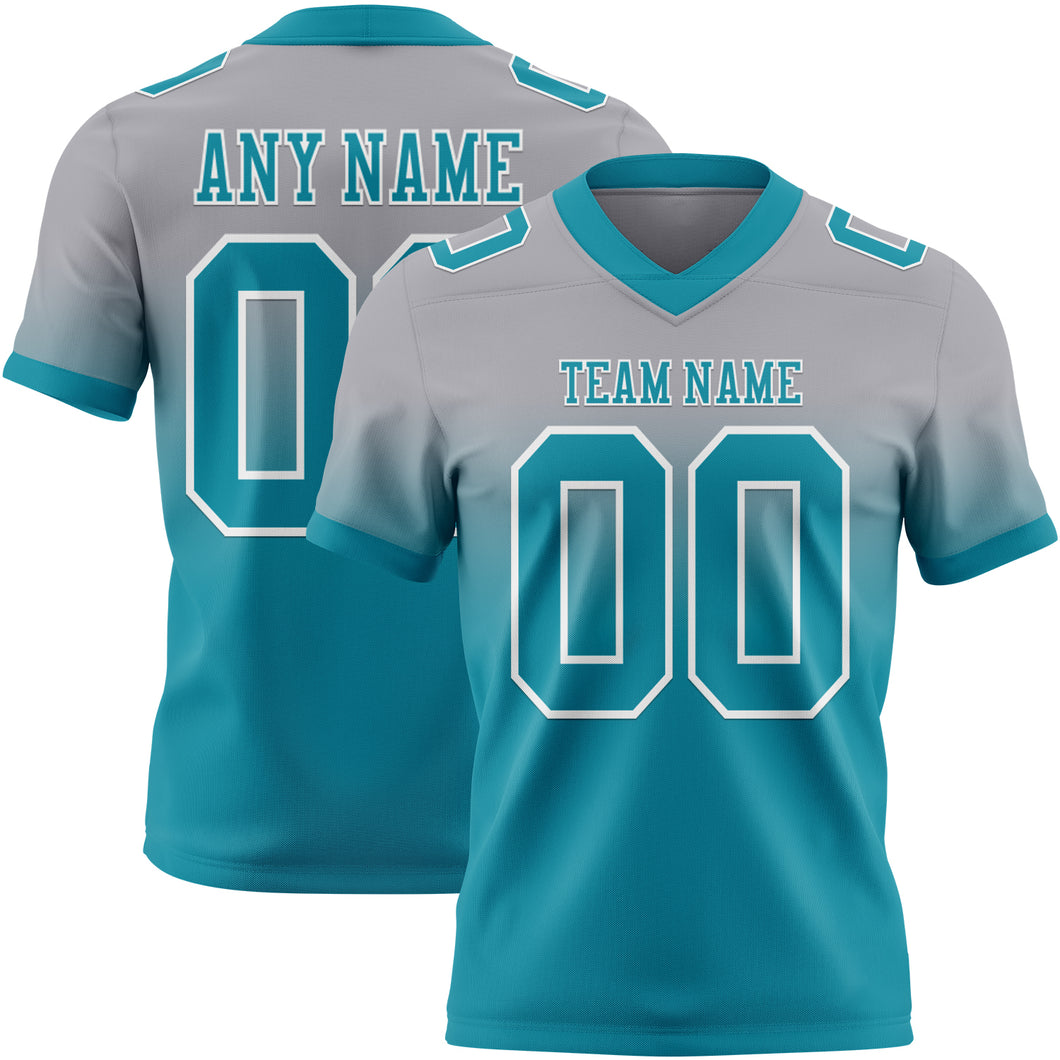 Custom Gray Teal-White Mesh Authentic Fade Fashion Football Jersey