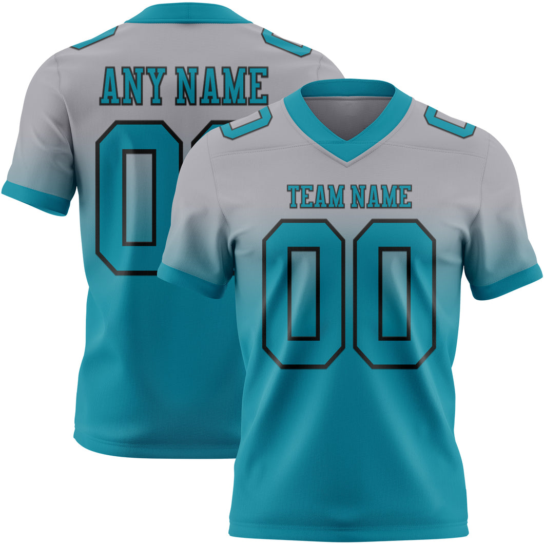 Custom Gray Teal-Black Mesh Authentic Fade Fashion Football Jersey