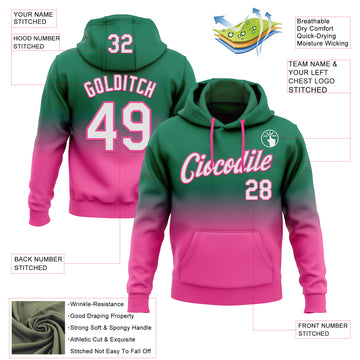 Custom Stitched Kelly Green White-Pink Fade Fashion Sports Pullover Sweatshirt Hoodie