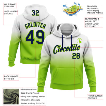 Custom Stitched White Navy-Neon Green Fade Fashion Sports Pullover Sweatshirt Hoodie