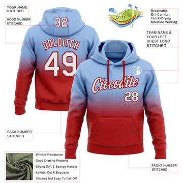 Custom Stitched Light Blue White-Red Fade Fashion Sports Pullover Sweatshirt Hoodie