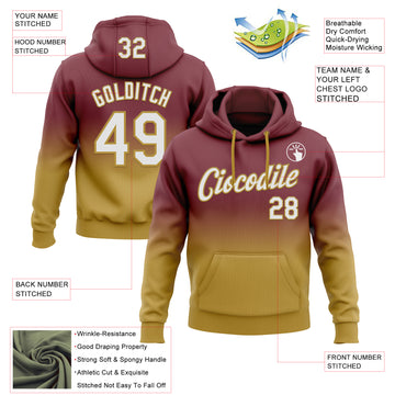 Custom Stitched Burgundy White-Old Gold Fade Fashion Sports Pullover Sweatshirt Hoodie