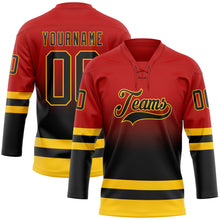 Laden Sie das Bild in den Galerie-Viewer, Custom Red Black-Yellow Fade Fashion Hockey Lace Neck Jersey

