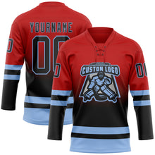 Laden Sie das Bild in den Galerie-Viewer, Custom Red Black-Light Blue Fade Fashion Hockey Lace Neck Jersey
