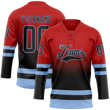 Laden Sie das Bild in den Galerie-Viewer, Custom Red Black-Light Blue Fade Fashion Hockey Lace Neck Jersey
