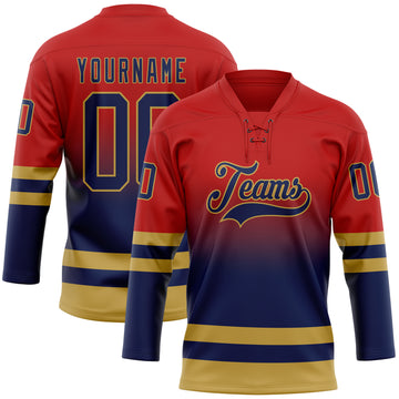 Custom Red Navy-Old Gold Fade Fashion Hockey Lace Neck Jersey