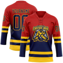 Laden Sie das Bild in den Galerie-Viewer, Custom Red Navy-Yellow Fade Fashion Hockey Lace Neck Jersey
