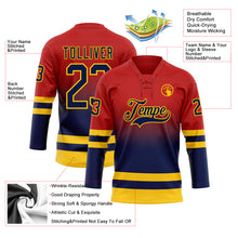 Laden Sie das Bild in den Galerie-Viewer, Custom Red Navy-Yellow Fade Fashion Hockey Lace Neck Jersey
