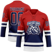 Laden Sie das Bild in den Galerie-Viewer, Custom Red Navy-White Fade Fashion Hockey Lace Neck Jersey
