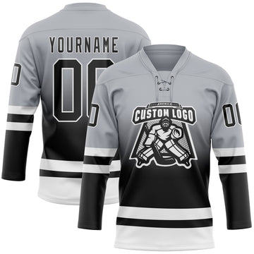 Custom Gray Black-White Fade Fashion Hockey Lace Neck Jersey