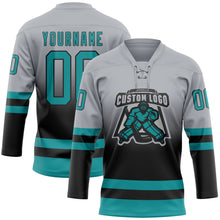 Laden Sie das Bild in den Galerie-Viewer, Custom Gray Teal-Black Fade Fashion Hockey Lace Neck Jersey

