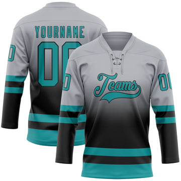 Custom Gray Teal-Black Fade Fashion Hockey Lace Neck Jersey