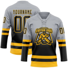 Laden Sie das Bild in den Galerie-Viewer, Custom Gray Black-Gold Fade Fashion Hockey Lace Neck Jersey
