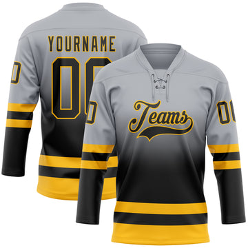 Custom Gray Black-Gold Fade Fashion Hockey Lace Neck Jersey