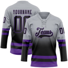 Laden Sie das Bild in den Galerie-Viewer, Custom Gray Black-Purple Fade Fashion Hockey Lace Neck Jersey
