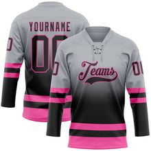 Laden Sie das Bild in den Galerie-Viewer, Custom Gray Black-Pink Fade Fashion Hockey Lace Neck Jersey

