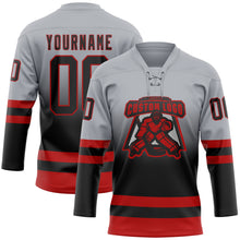 Laden Sie das Bild in den Galerie-Viewer, Custom Gray Black-Red Fade Fashion Hockey Lace Neck Jersey
