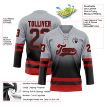 Laden Sie das Bild in den Galerie-Viewer, Custom Gray Black-Red Fade Fashion Hockey Lace Neck Jersey

