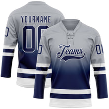 Laden Sie das Bild in den Galerie-Viewer, Custom Gray Navy-White Fade Fashion Hockey Lace Neck Jersey
