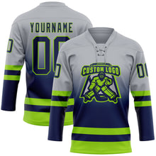 Laden Sie das Bild in den Galerie-Viewer, Custom Gray Navy-Neon Green Fade Fashion Hockey Lace Neck Jersey
