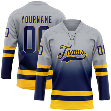 Custom Gray Navy-Gold Fade Fashion Hockey Lace Neck Jersey
