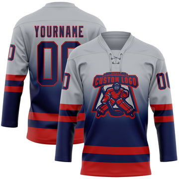 Custom Gray Navy-Red Fade Fashion Hockey Lace Neck Jersey