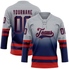 Laden Sie das Bild in den Galerie-Viewer, Custom Gray Navy-Red Fade Fashion Hockey Lace Neck Jersey
