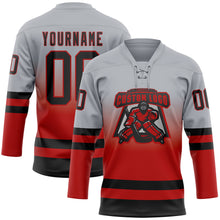 Laden Sie das Bild in den Galerie-Viewer, Custom Gray Black-Red Fade Fashion Hockey Lace Neck Jersey
