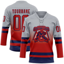 Laden Sie das Bild in den Galerie-Viewer, Custom Gray Red-Navy Fade Fashion Hockey Lace Neck Jersey
