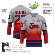 Laden Sie das Bild in den Galerie-Viewer, Custom Gray Red-Navy Fade Fashion Hockey Lace Neck Jersey
