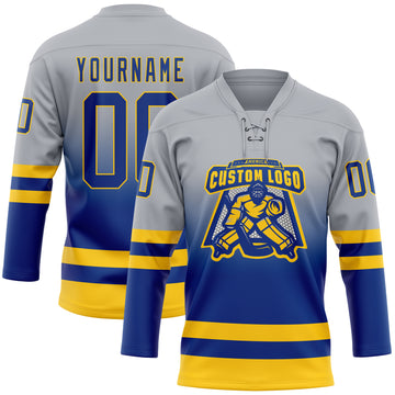 Custom Gray Royal-Yellow Fade Fashion Hockey Lace Neck Jersey