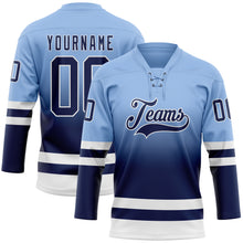 Laden Sie das Bild in den Galerie-Viewer, Custom Light Blue Navy-White Fade Fashion Hockey Lace Neck Jersey
