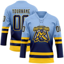 Laden Sie das Bild in den Galerie-Viewer, Custom Light Blue Navy-Yellow Fade Fashion Hockey Lace Neck Jersey
