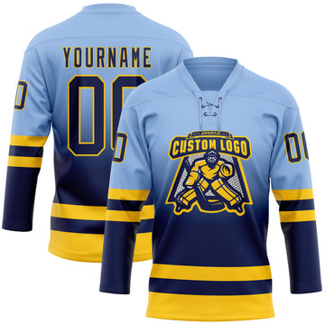 Custom Light Blue Navy-Yellow Fade Fashion Hockey Lace Neck Jersey
