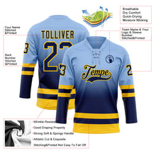 Laden Sie das Bild in den Galerie-Viewer, Custom Light Blue Navy-Yellow Fade Fashion Hockey Lace Neck Jersey
