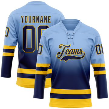 Custom Light Blue Navy-Yellow Fade Fashion Hockey Lace Neck Jersey