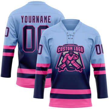 Custom Light Blue Navy-Pink Fade Fashion Hockey Lace Neck Jersey