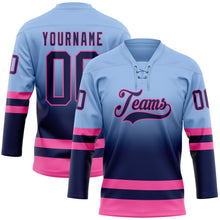 Загрузить изображение в средство просмотра галереи, Custom Light Blue Navy-Pink Fade Fashion Hockey Lace Neck Jersey

